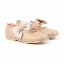 Bailarinas Colegiales Infantil Niña Piel Velcro Lacito 519 Camel, De Angelitos