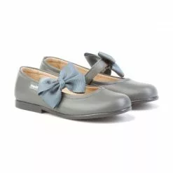Bailarinas Colegiales Infantil Niña Piel Velcro Lacito 519 Gris, De Angelitos