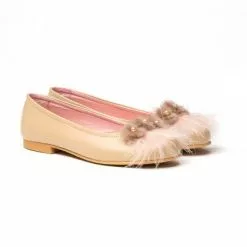 Manoletinas Niña Piel Napa Perlas Y Pelo 999 Camel, De Angelitos